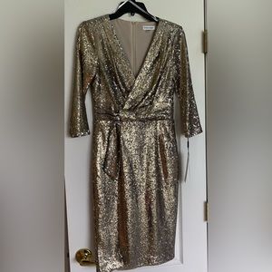 Calvin Klein Women's V-Neck Faux Wrap Sequin Mesh Dress, Gold/Silver Sleeve 3/4